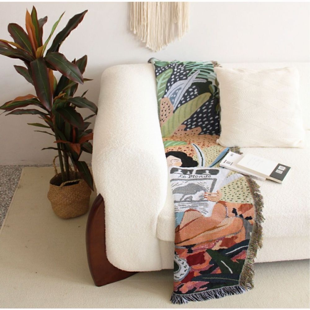Boho Vibes Tiger and Woman Reading Woven Jacquard Throw Blanket Tapestry - Picture 5 of 6